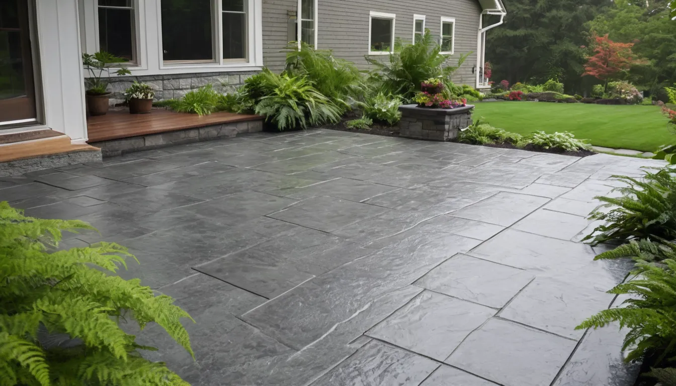 A newly finished stamped concrete patio with a natural stone pattern behind a wood-frame home near Sultan